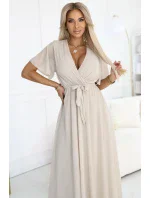 545-3 Dlhé šaty so skladaným výstrihom a spodnou časťou - BEACH 545-3 Dlhé šaty so skladaným výstrihom a spodnou časťou - BEACH
