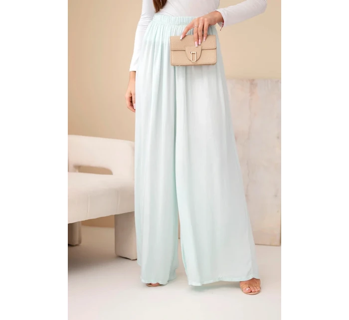 Dámske široké nohavice z viskózy s elastickým pásom mätovej farby