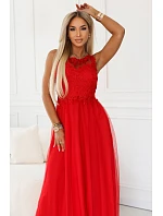 672-5 Romantické svatební maxi šaty s vyšívanou krajkou a tylem - červené