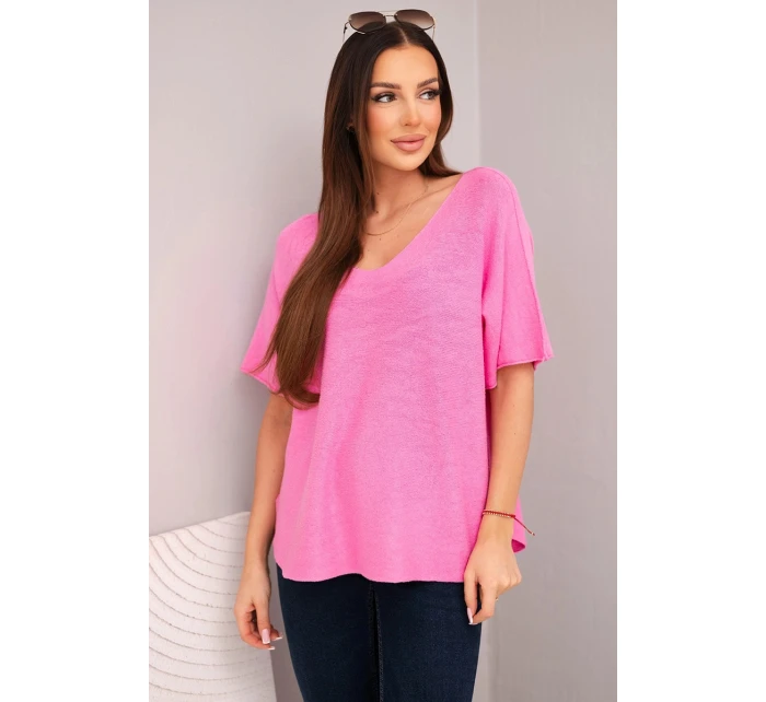 Dámsky sveter s krátkymi rukávmi a výstrihom do V svetloružový