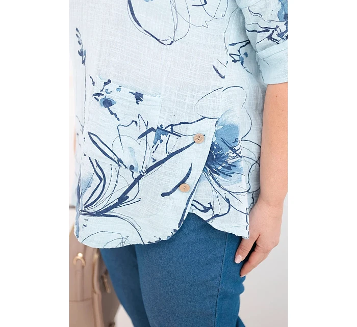 Dámske bavlnené Plus veľkosť blúzka s krátkymi rukávmi a vreckom modrá