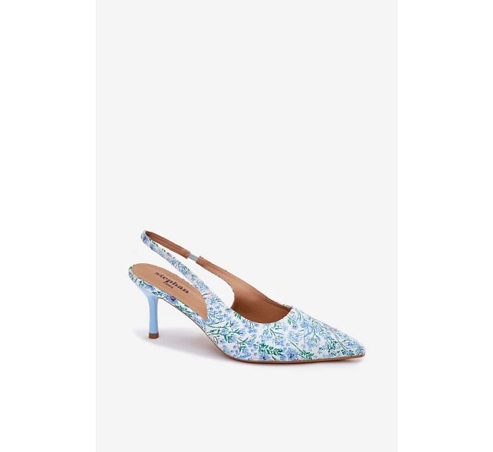 Ozdobené dámské sandály na jehlovém podpatku s květinovým vzorem modré Olivelle