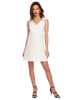 K128 Jednofarebné šaty áčkového strihu s mašľou - farba ecru