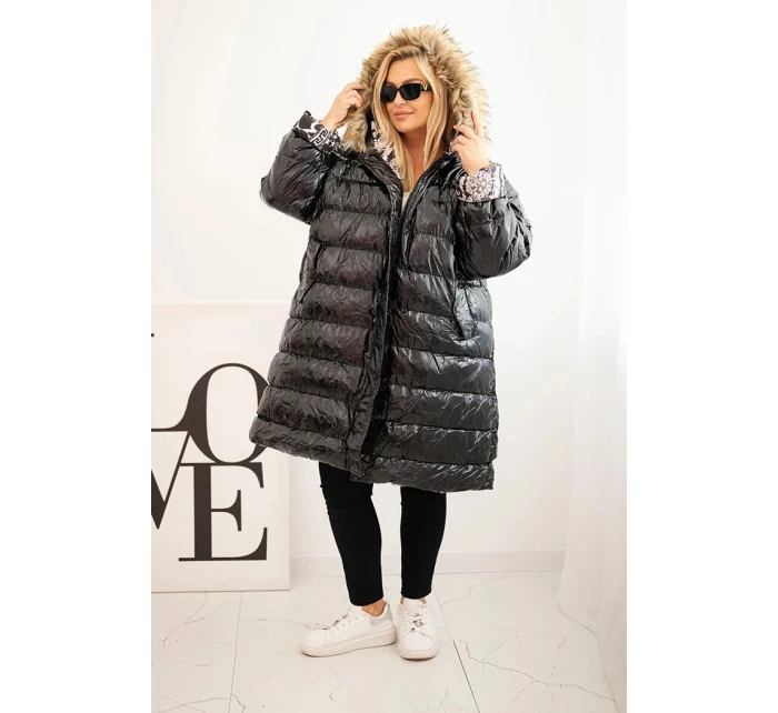 Dámská bunda Plus Size s kapucí a kožešinou černá