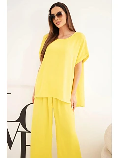 Dámský komplet Plus Size halenka a kalhoty se širokou nohavicí žlutý