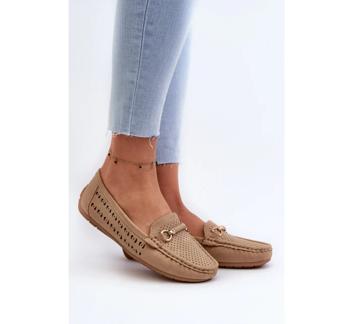 Mokasyny Damskie Ażurowe Z Ozdobą Brązowe Kaydance