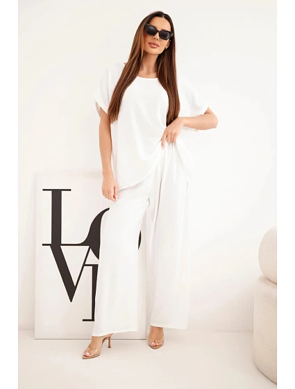 Dámský komplet Plus model 22147924 halenka a kalhoty se širokými nohavicemi ecru - K-Fashion