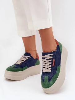 Zamszowe Sneakersy Damskie Na Platformie Zazoo N1269S3 Zielono-Granatowe