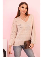 Dámsky mohérový sveter voľného strihu s výstrihom do V, béžový