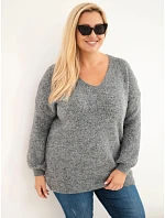 Dámský svetr Plus Size s vlnou a výstřihem do V grafitový Dámský svetr Plus Size s vlnou a výstřihem do V grafitový
