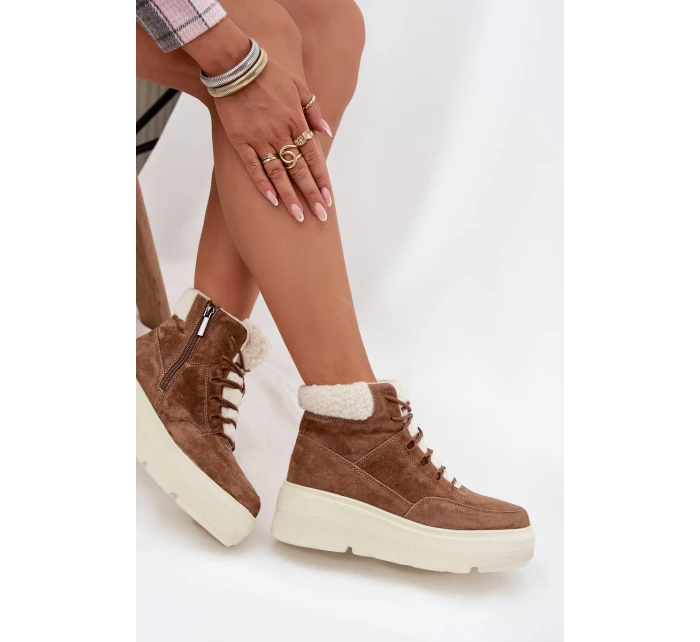 Zamszowe Śniegowce Damskie Z Kożuszkiem Na Platformie Vinceza 95354 Camel