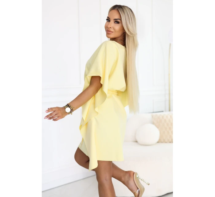 287-41 SOFIA Motýlie šaty so zaväzovaním v páse - pastelový citrón