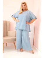 Dámska súprava v nadmernej veľkosti z materiálu Tencel, blúzka s kravatou a široké nohavice Light Denim