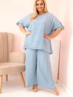 Dámska súprava v nadmernej veľkosti z materiálu Tencel, blúzka s kravatou a široké nohavice Light Denim