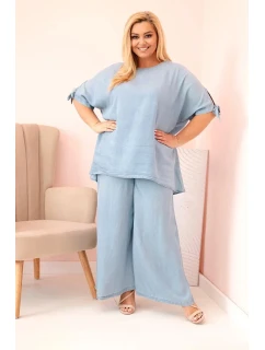 Dámska súprava v nadmernej veľkosti z materiálu Tencel, blúzka s kravatou a široké nohavice Light Denim