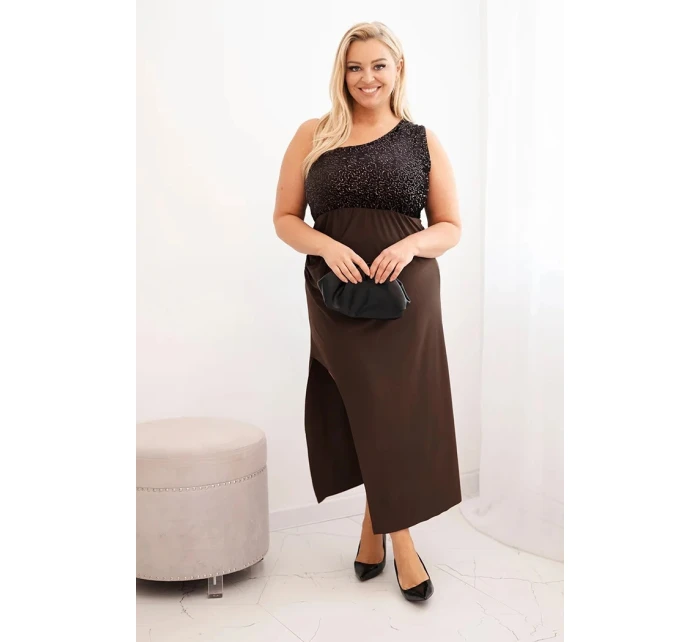 Dámská večerní šaty Plus Size na jedno rameno hnědá