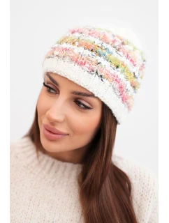 Dámska zimná čiapka s farebným vláknom a elastickou šnúrkou K352 white+green+pink neon
