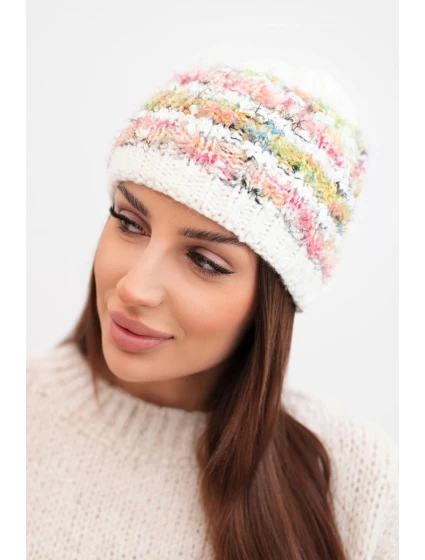 Dámska zimná čiapka s farebným vláknom a elastickou šnúrkou K352 white+green+pink neon