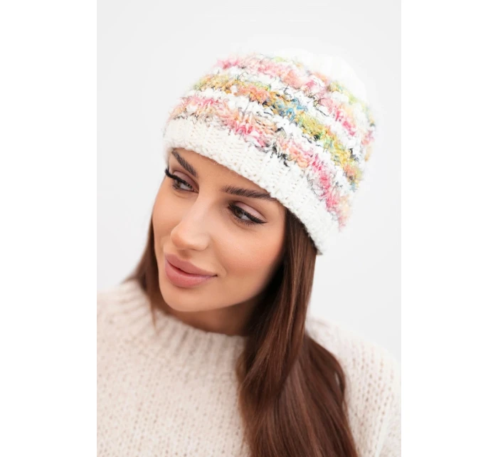 Dámska zimná čiapka s farebným vláknom a elastickou šnúrkou K352 white+green+pink neon