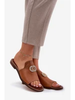 Eleganckie Skórzane Klapki Damskie Z Ozdobą Zazoo 3008 Camel