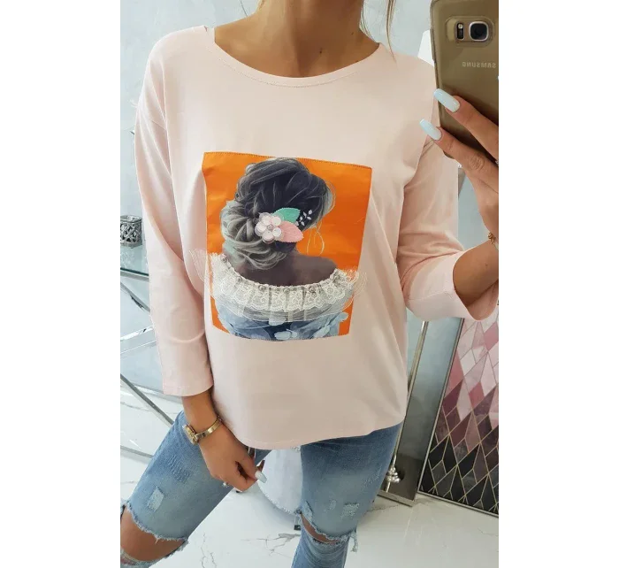 Blúzka s 3D grafikou, krajková, púdrovo ružová