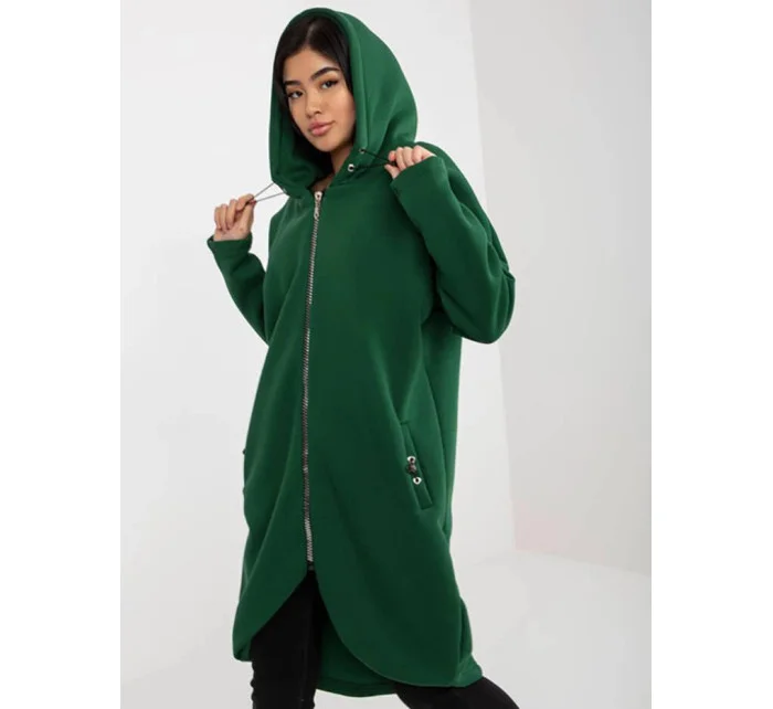 Tmavě zelená dlouhá hrubší dámská mikina s kapucí Rue Paris model 19551065 - Factory Price Tmavě zelená dlouhá hrubší dámská mikina s kapucí Rue Paris model 19551065 - Factory Price