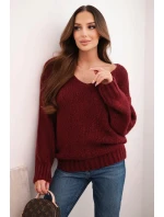 Dámsky vlnený sveter s výstrihom do V, bordová farba