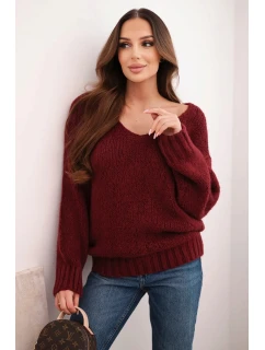 Dámsky vlnený sveter s výstrihom do V, bordová farba