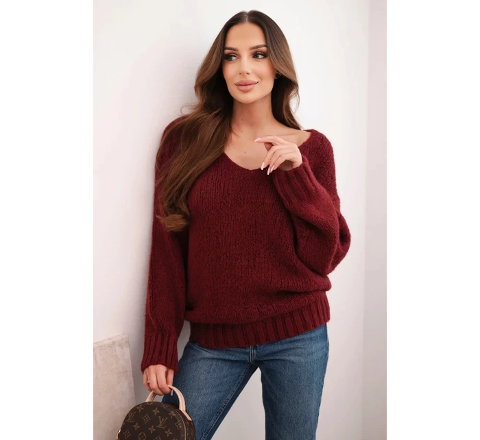 Dámsky vlnený sveter s výstrihom do V, bordová farba