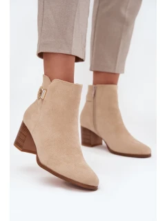 Ocieplane Botki Damskie Na Słupku Ze Złotym Detalem Beżowe Renora