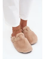 Futrzane Klapki Damskie Na Platformie Z Paskiem I Klamrą Beżowe Noraline