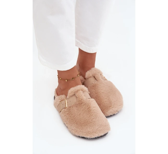 Futrzane Klapki Damskie Na Platformie Z Paskiem I Klamrą Beżowe Noraline