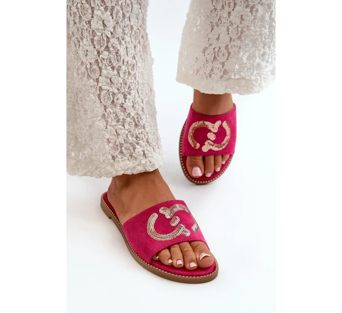 Dámske ploché papuče s flitrami S.Barski Fuchsia