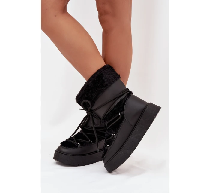 Dámske snežnice na platforme s kožušinou a šnurovaním Marinna - čierne Dámske snežnice na platforme s kožušinou a šnurovaním Marinna - čierne