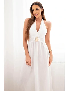 Dámské viskózové maxi šaty vázané za krk s ozdobnou přezkou ecru