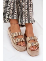 Klapki Damskie Na Platformie Z Klamrami I Plecionką Khaki Limme Klapki Damskie Na Platformie Z Klamrami I Plecionką Khaki Limme