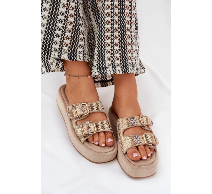 Klapki Damskie Na Platformie Z Klamrami I Plecionką Khaki Limme Klapki Damskie Na Platformie Z Klamrami I Plecionką Khaki Limme