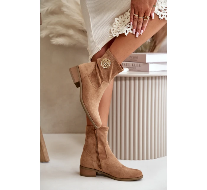 Botki Damskie Zapinane Na Zamek Z Ozdobnym Detalem Eko Zamszowe Beżowe Lerioria