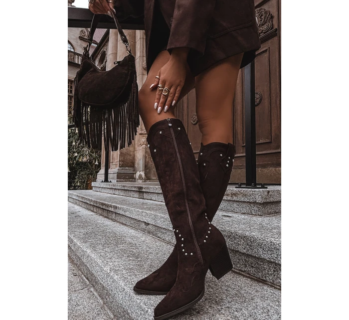 Damskie Kozaki Kowbojki Ze Zdobieniem Na Słupku Czekoladowe Darella Damskie Kozaki Kowbojki Ze Zdobieniem Na Słupku Czekoladowe Darella