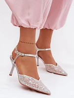 Dámské síťované sandály na jehlovém podpatku se třpytivým zdobením Stříbrné Laria