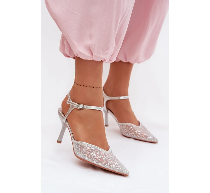 Dámské síťované sandály na jehlovém podpatku se třpytivým zdobením Stříbrné Laria