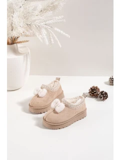 Detské snehové topánky s výšivkou a mašľou Daven - béžové