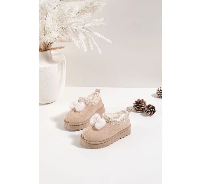 Detské snehové topánky s výšivkou a mašľou Daven - béžové Detské snehové topánky s výšivkou a mašľou Daven - béžové