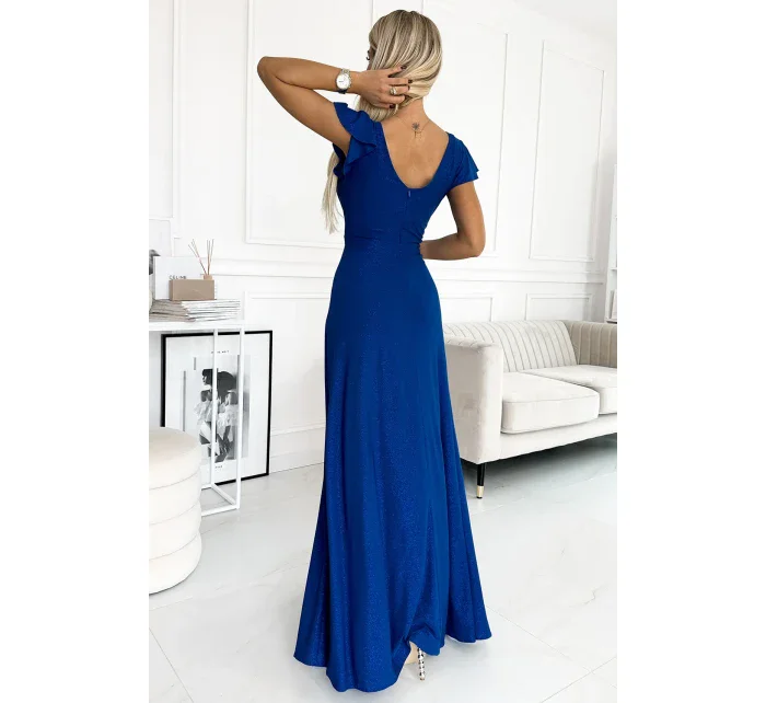 CRYSTAL Dlouhé lesklé dámské šaty v chrpové barvě s výstřihem model 19373540 - numoco CRYSTAL Dlouhé lesklé dámské šaty v chrpové barvě s výstřihem model 19373540 - numoco