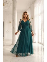 654-1 Dlhé lesklé plus size šaty s výstrihom a priehľadnými rukávmi - fľaškovo zelené 654-1 Dlhé lesklé plus size šaty s výstrihom a priehľadnými rukávmi - fľaškovo zelené