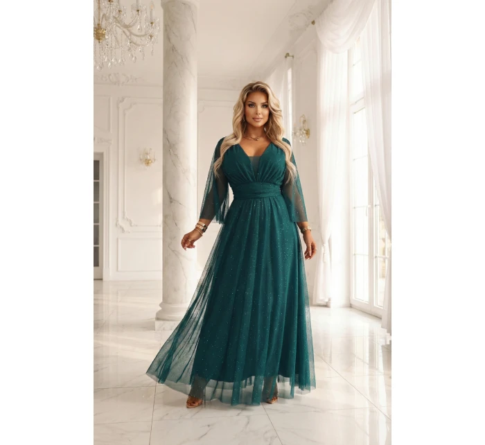 654-1 Dlhé lesklé plus size šaty s výstrihom a priehľadnými rukávmi - fľaškovo zelené 654-1 Dlhé lesklé plus size šaty s výstrihom a priehľadnými rukávmi - fľaškovo zelené