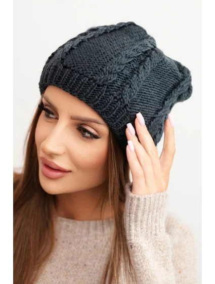 Dámska zimná vlnená čiapka s pleteným vzorom K452 graphite