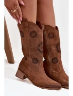 Ażurowe Kozaki Damskie Z Naturalnego Zamszu Na Klocku Zazoo 3793 Brązowe
