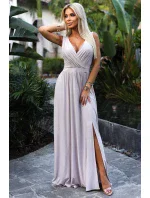 467-2 LOUISE dlhé šaty s výstrihom a rozparkom na nohách - béžové s trblietkami 467-2 LOUISE dlhé šaty s výstrihom a rozparkom na nohách - béžové s trblietkami