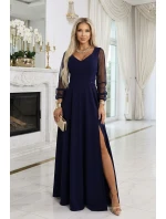 LORETTA dlouhé šaty s rukávy a výstřihem tmavě modré model 21941595 - numoco
